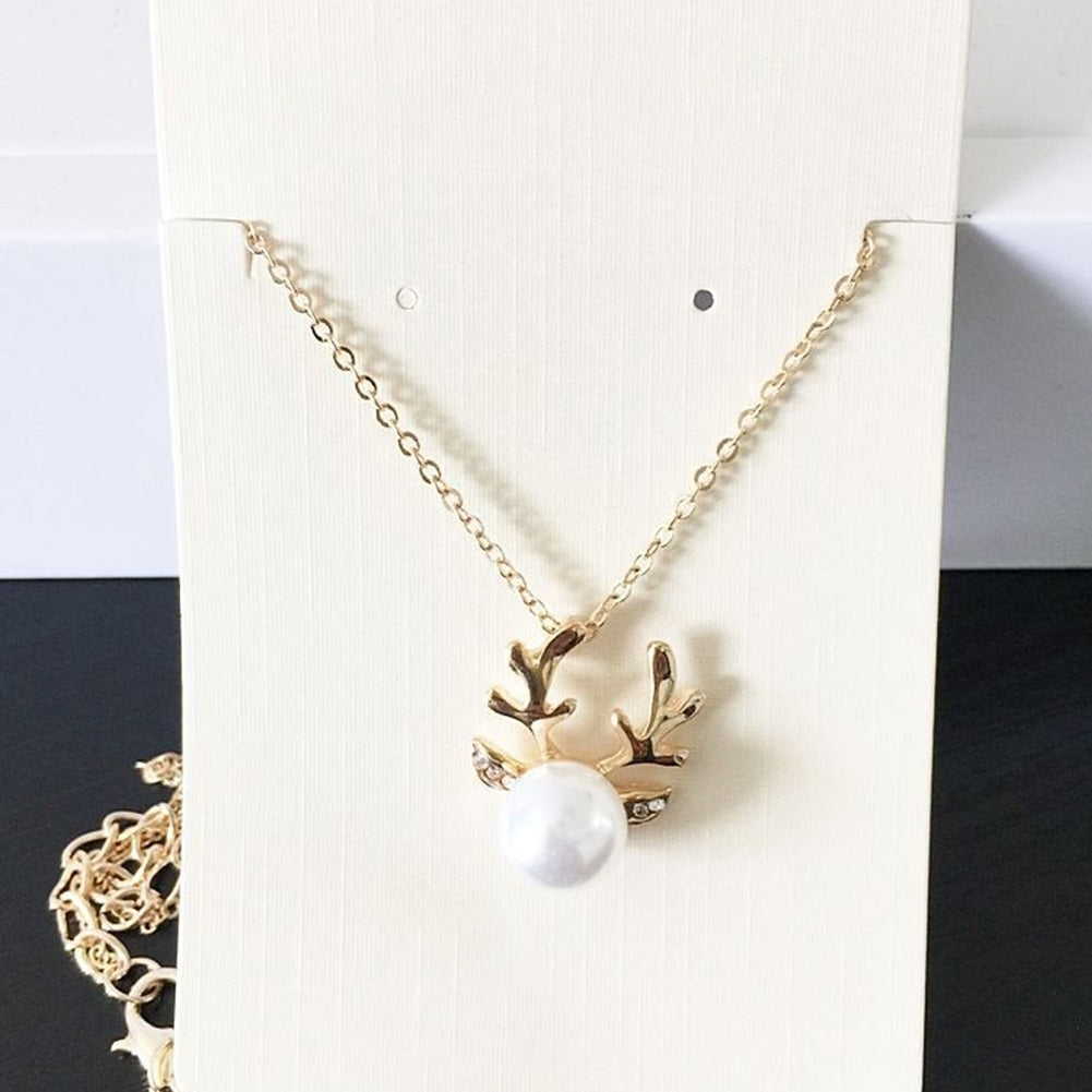 Faux Pearl Inlaid Christmas Deer Antlers Necklace Earrings Women Jewelry Gift Image 8