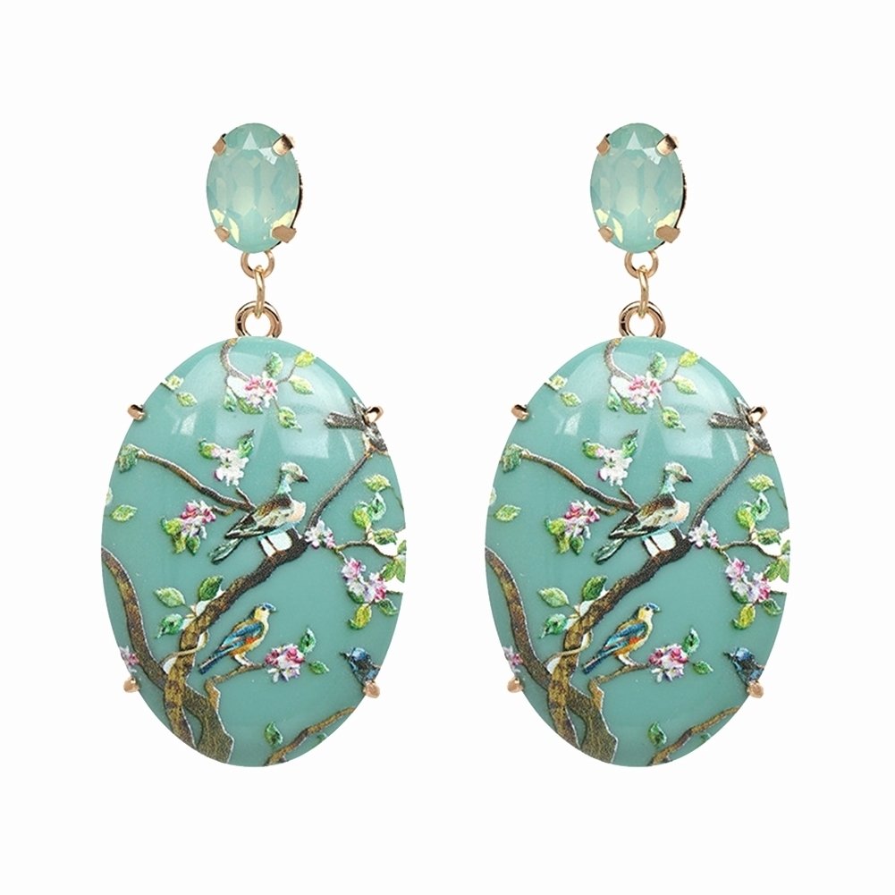 Retro Women Floral Oval Faux Gemstone Dangle Earrings Eardrop Party Jewelry Image 1