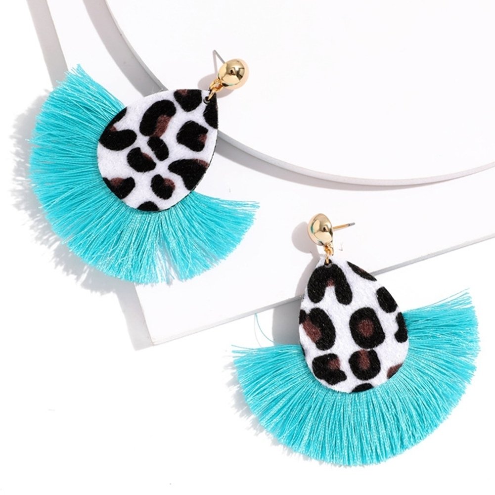 Fashion Women Leopard Fan Tassel Long Drop Stud Earrings Statement Jewelry Gift Image 1