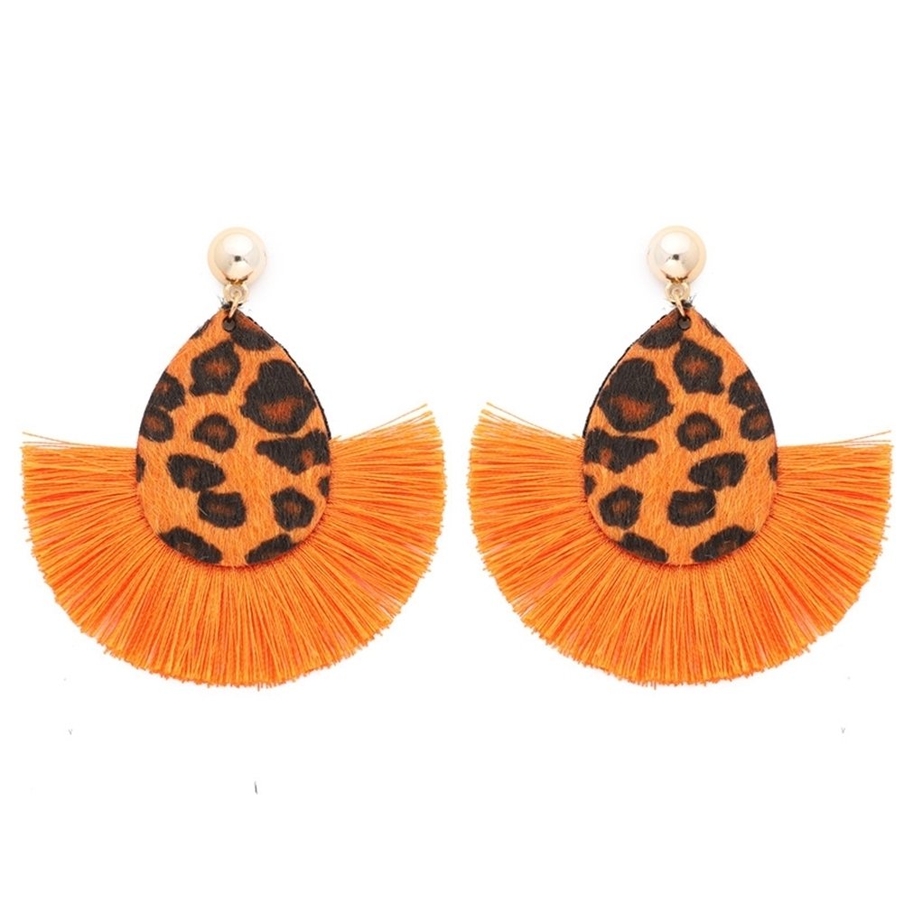 Fashion Women Leopard Fan Tassel Long Drop Stud Earrings Statement Jewelry Gift Image 1