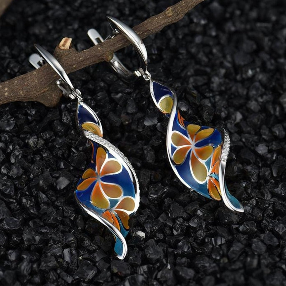 Women Enamel Rhinestone Inlaid Plumeria Flower Spiral Dangle Huggie Earrings Image 1