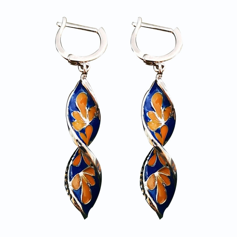 Women Enamel Rhinestone Inlaid Plumeria Flower Spiral Dangle Huggie Earrings Image 8