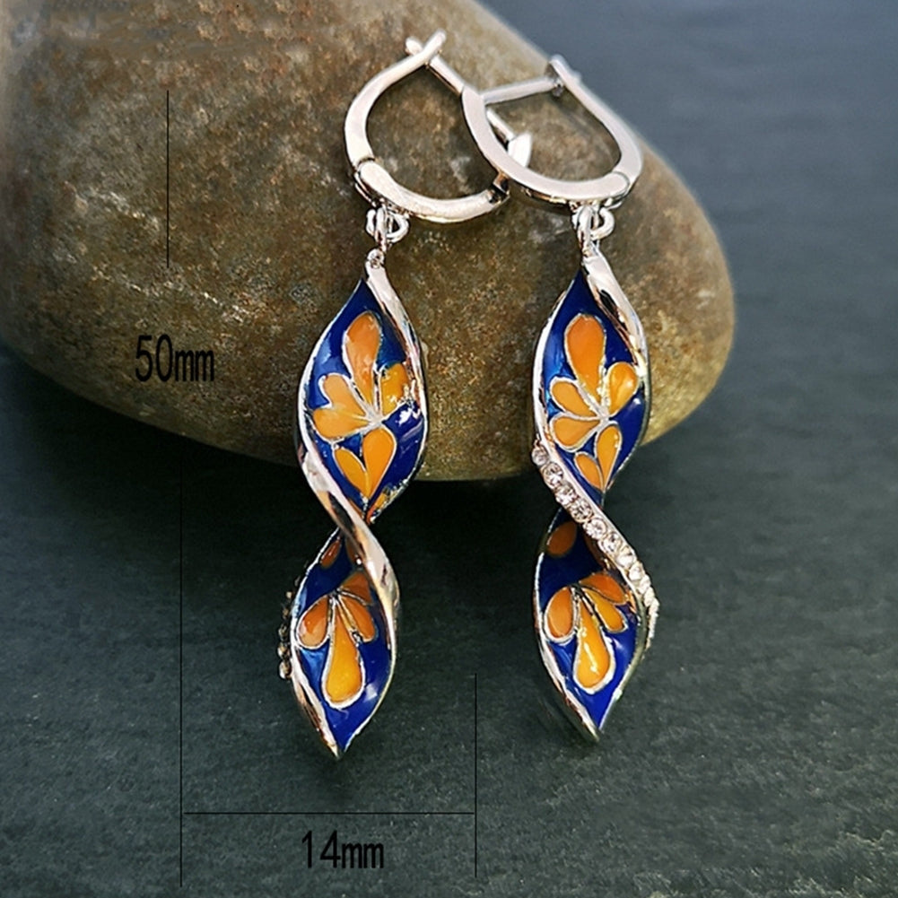 Women Enamel Rhinestone Inlaid Plumeria Flower Spiral Dangle Huggie Earrings Image 9