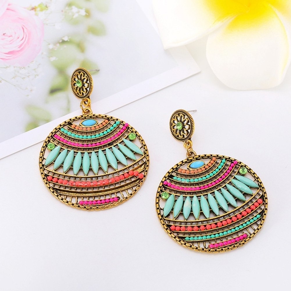 Bohemian Women Beads Hollow Round Dangle Ear Stud Earrings Party Jewelry Gift Image 2