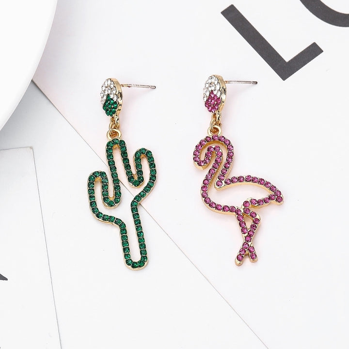 Women Hollow Rhinestone Cactus Flamingo Dangle Asymmetric Stud Earrings Jewelry Image 3