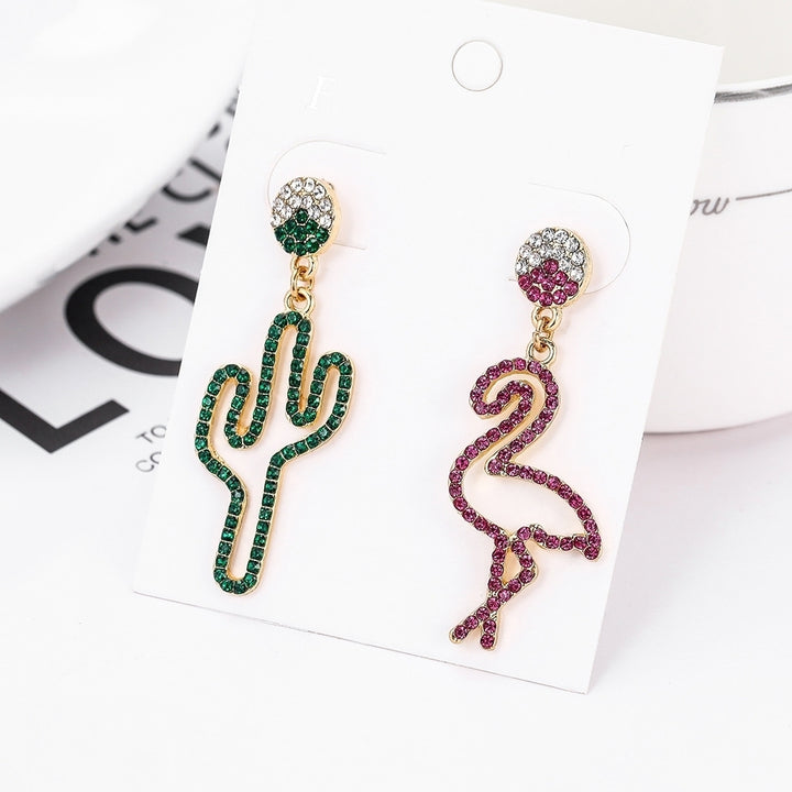 Women Hollow Rhinestone Cactus Flamingo Dangle Asymmetric Stud Earrings Jewelry Image 4