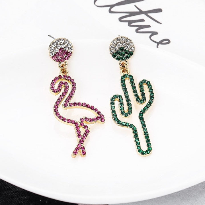 Women Hollow Rhinestone Cactus Flamingo Dangle Asymmetric Stud Earrings Jewelry Image 4