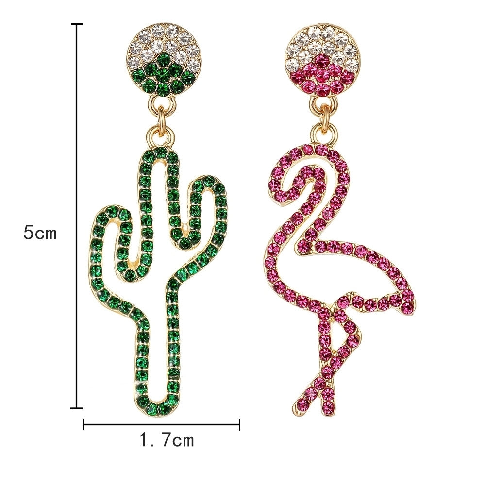 Women Hollow Rhinestone Cactus Flamingo Dangle Asymmetric Stud Earrings Jewelry Image 8