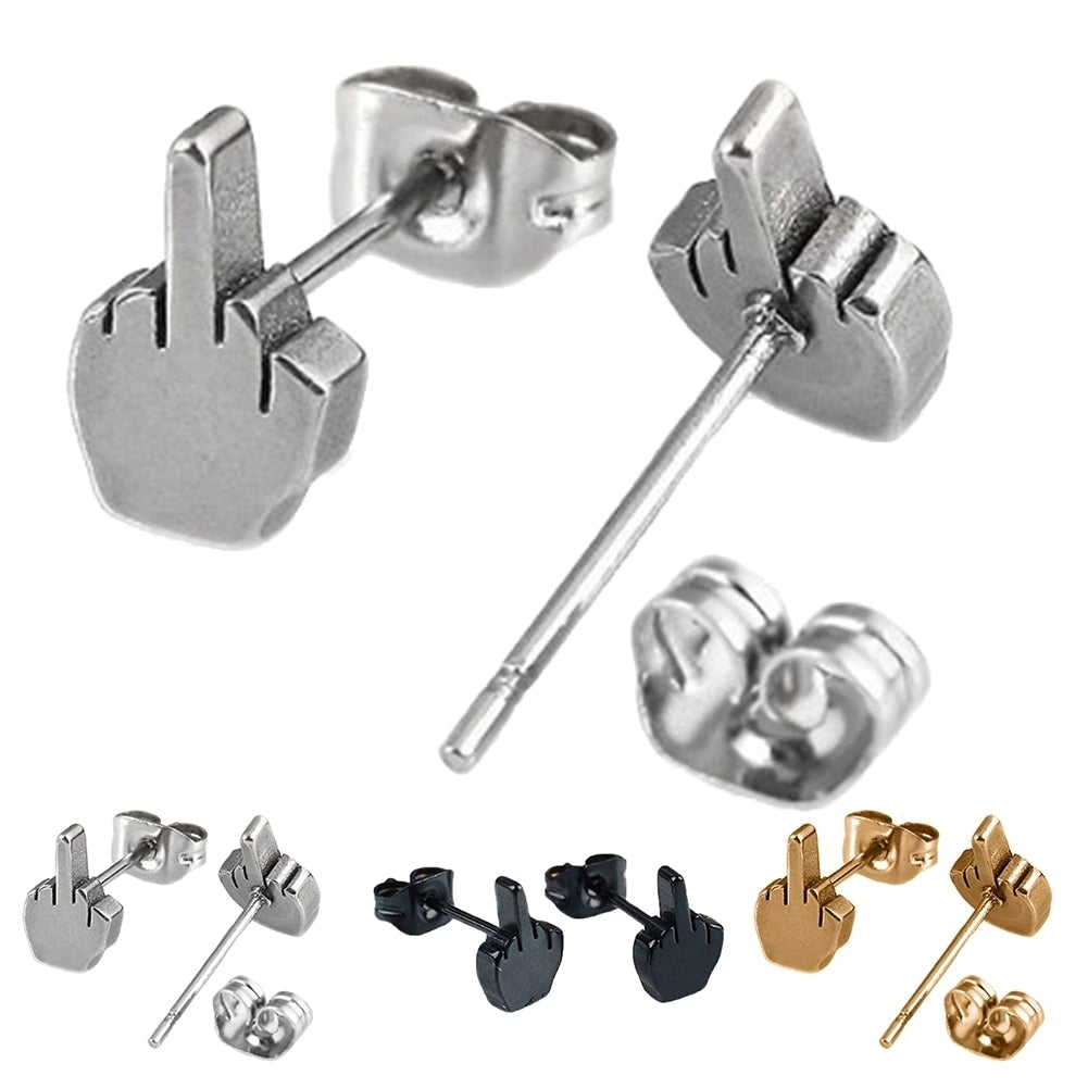 Men Women Middle Finger Shaped Stainless Steel Ear Stud Earrings Jewelry Gift Image 4