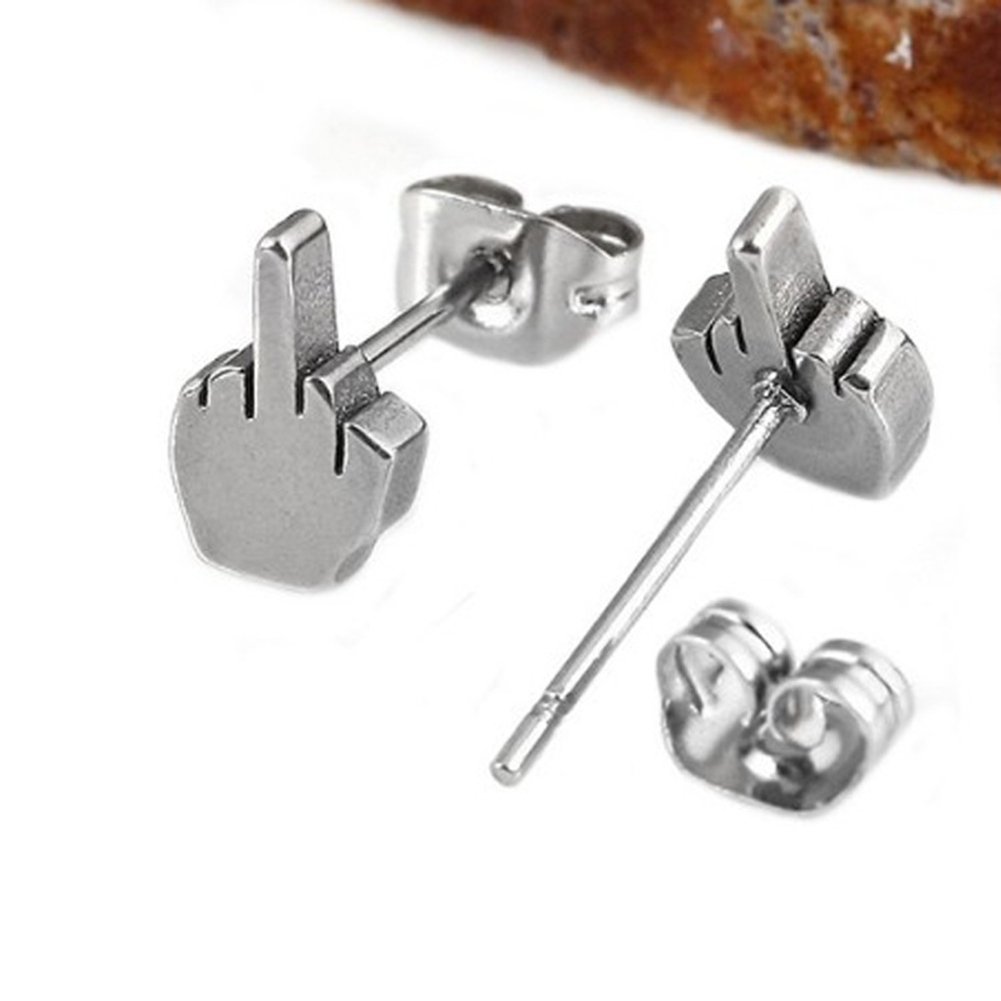 Men Women Middle Finger Shaped Stainless Steel Ear Stud Earrings Jewelry Gift Image 12