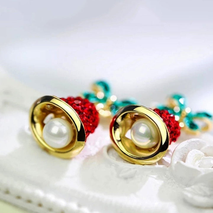 Women Rhinestone Wind Chime Bell Bow Faux Pearl Stud Earrings Xmas Jewelry Gift Image 8