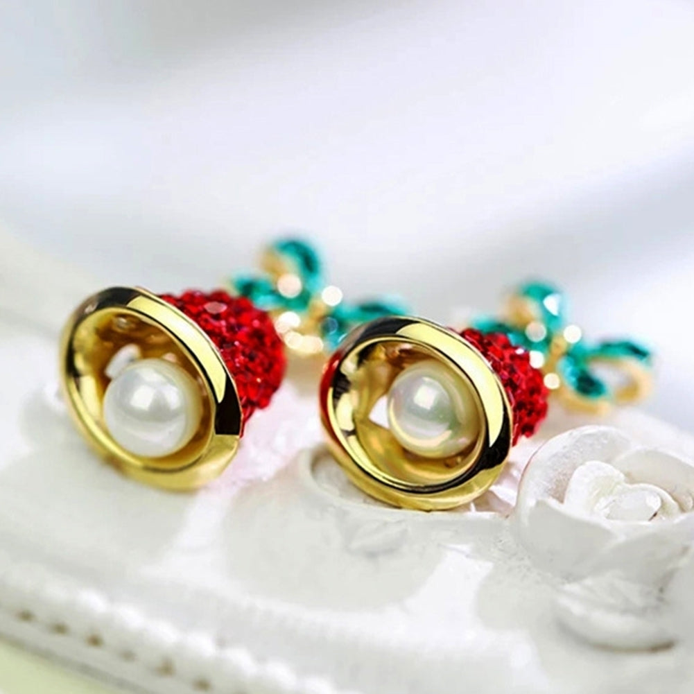 Women Rhinestone Wind Chime Bell Bow Faux Pearl Stud Earrings Xmas Jewelry Gift Image 10