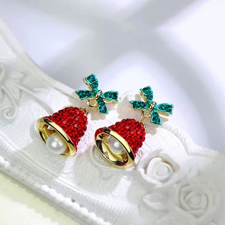 Women Rhinestone Wind Chime Bell Bow Faux Pearl Stud Earrings Xmas Jewelry Gift Image 11