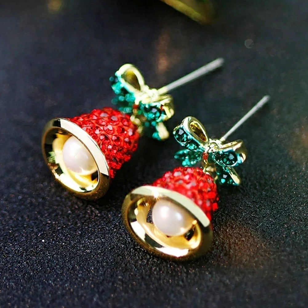 Women Rhinestone Wind Chime Bell Bow Faux Pearl Stud Earrings Xmas Jewelry Gift Image 12