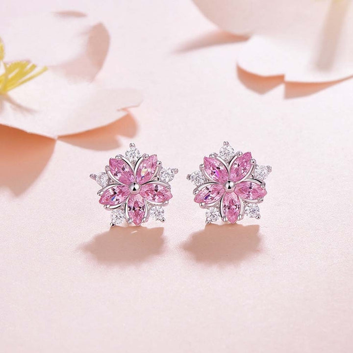 Women Rhinestone Inlaid Sakura Flower Ear Stud Earrings Wedding Jewelry Gift Image 4