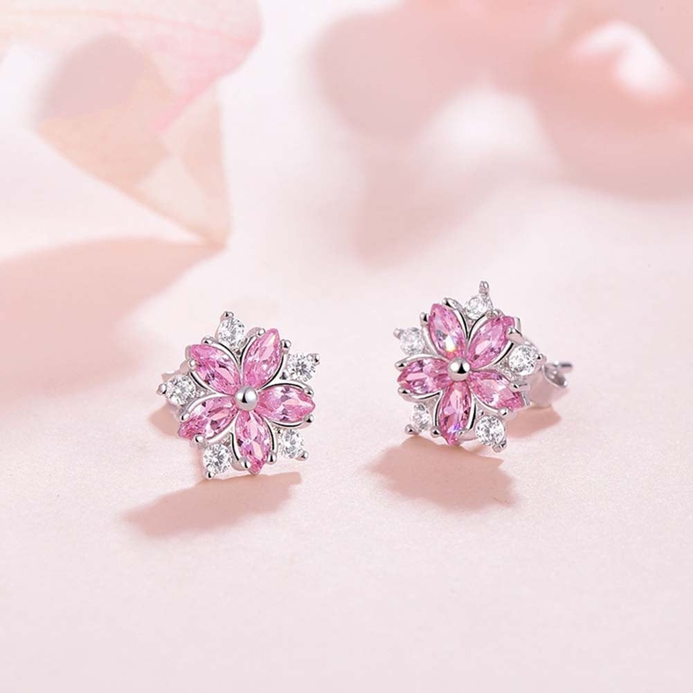 Women Rhinestone Inlaid Sakura Flower Ear Stud Earrings Wedding Jewelry Gift Image 6