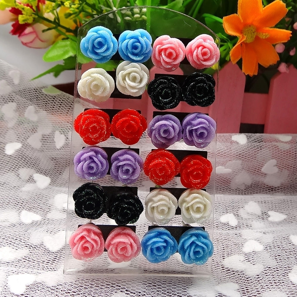 12Pairs Lifelike Fake Colorful Rose Flower Charm Ear Stud Earrings Jewelry Gift Image 4