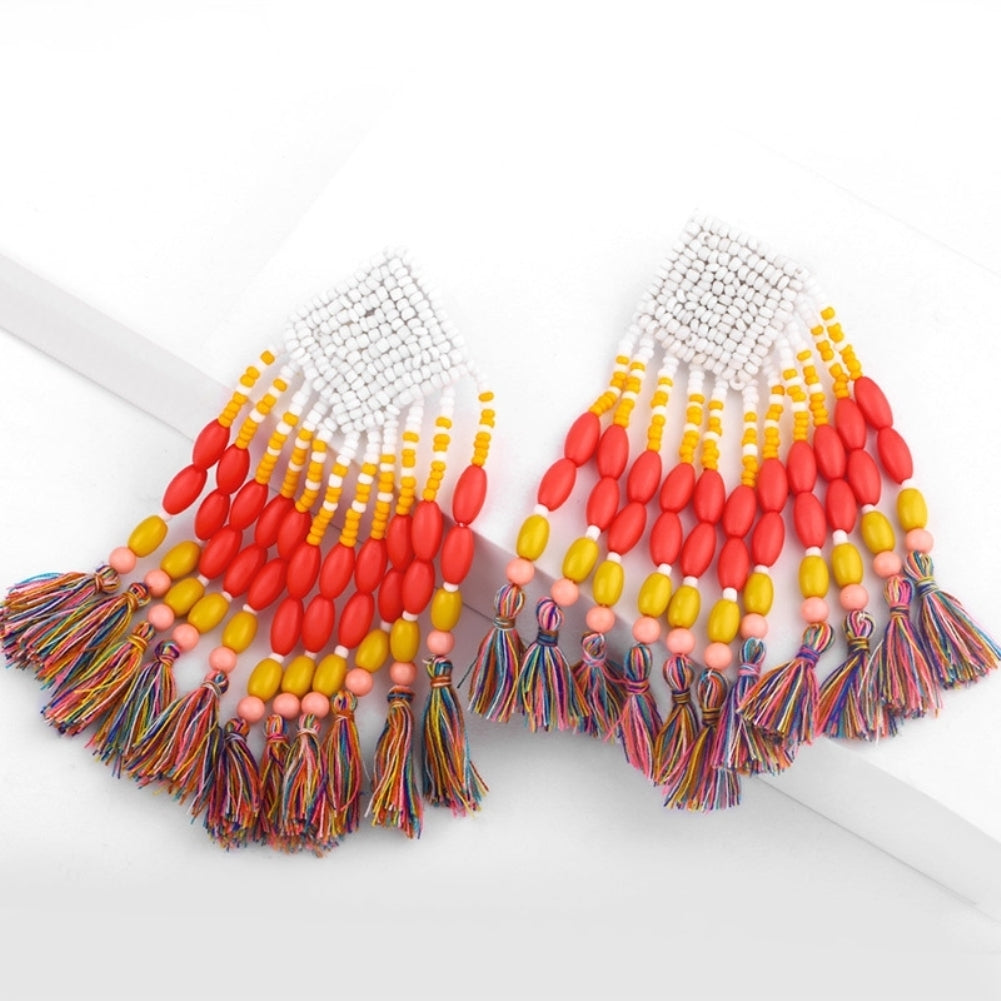 Bohemian Women Beads Tassel Dangle Long Ear Stud Earrings Statement Jewelry Gift Image 2