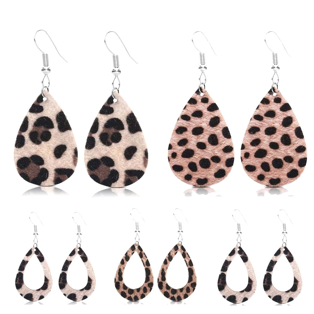 Women Leopard Print Teardrop Dangle Faux Leather Hook Earrings Jewelry Gift Image 1