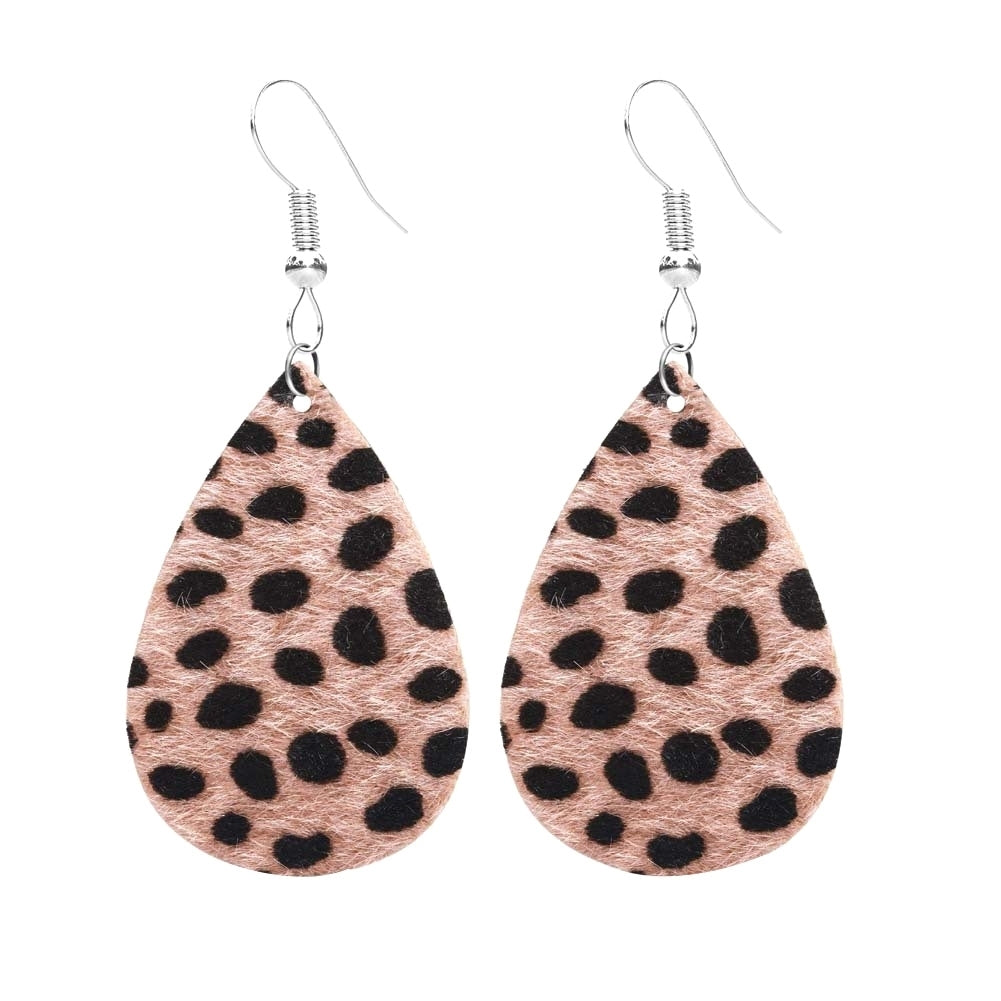 Women Leopard Print Teardrop Dangle Faux Leather Hook Earrings Jewelry Gift Image 3