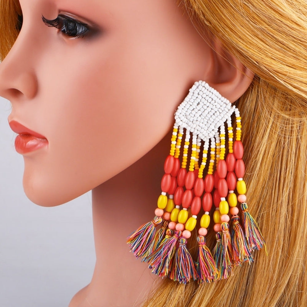 Bohemian Women Beads Tassel Dangle Long Ear Stud Earrings Statement Jewelry Gift Image 6