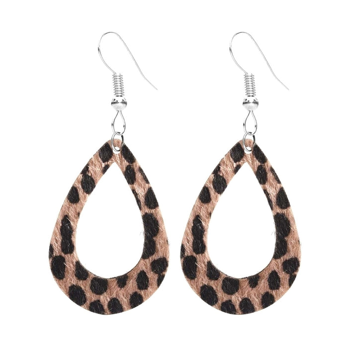 Women Leopard Print Teardrop Dangle Faux Leather Hook Earrings Jewelry Gift Image 4