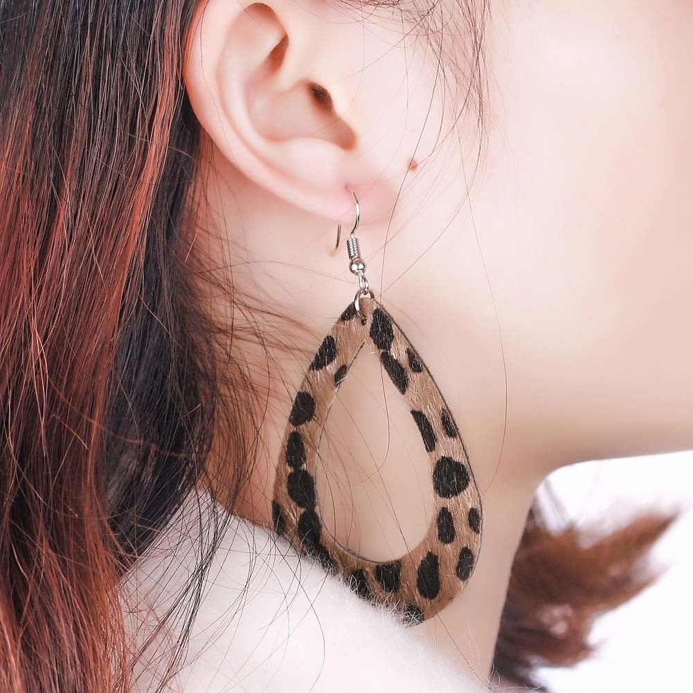 Women Leopard Print Teardrop Dangle Faux Leather Hook Earrings Jewelry Gift Image 6