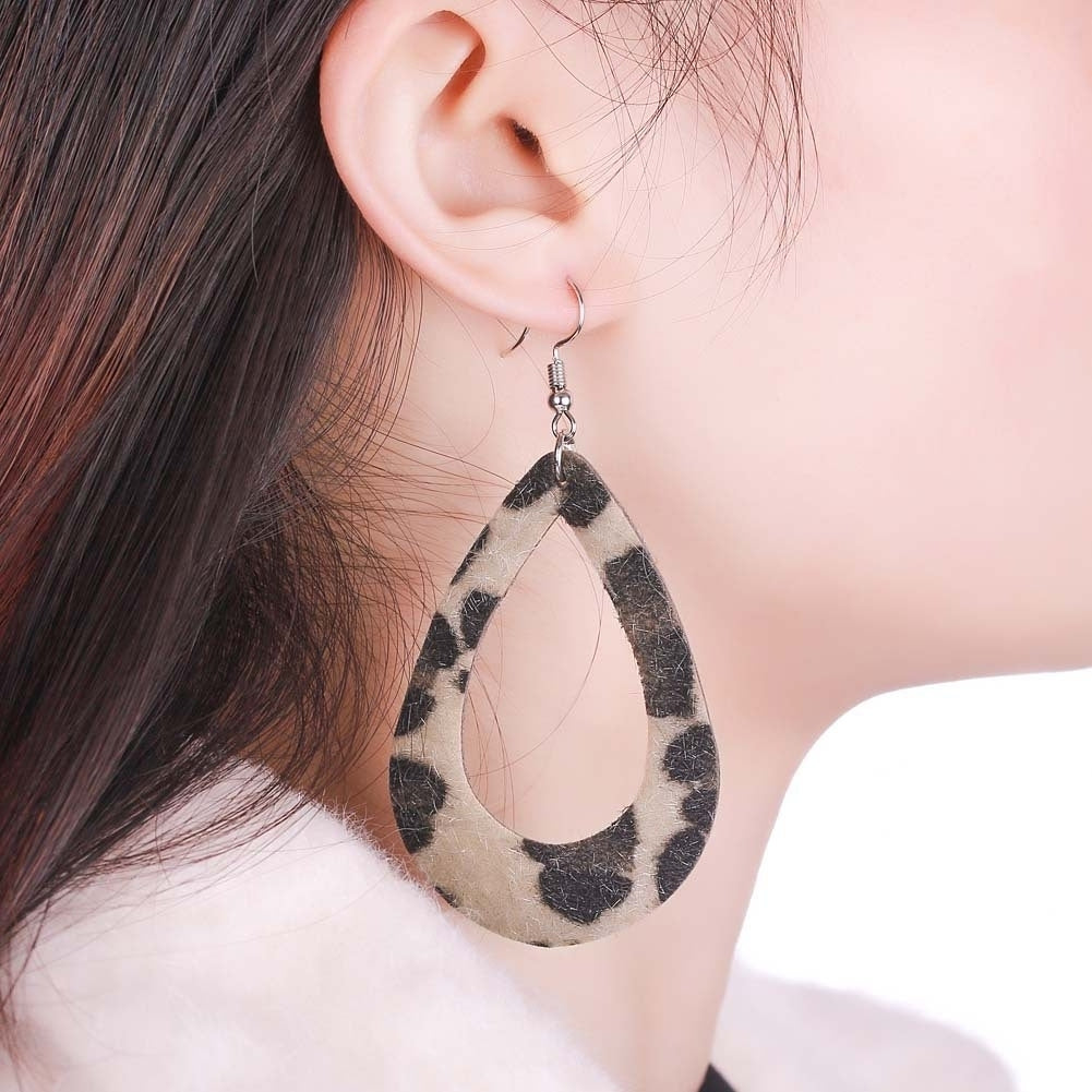 Women Leopard Print Teardrop Dangle Faux Leather Hook Earrings Jewelry Gift Image 9