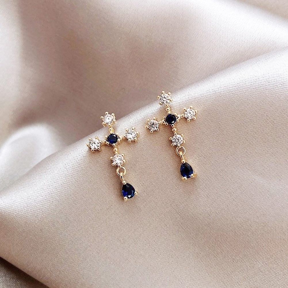 Fashion Women Faux Sapphire Rhinestone Alloy Cross Ear Stud Earrings Jewelry Gift Image 4