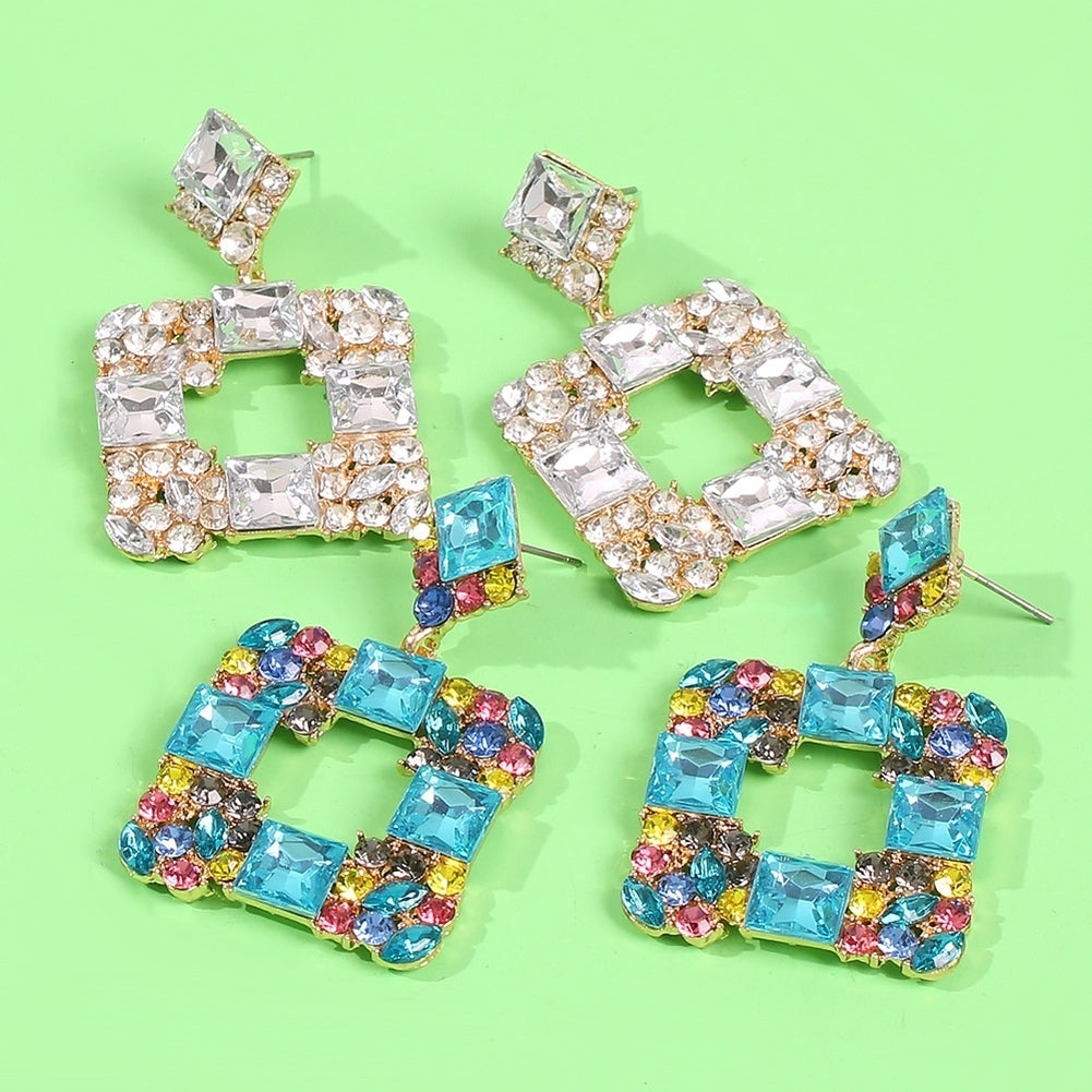 Women Geometric Square Multicolor Rhinestone Eardrop Statement Stud Earrings Gift Image 1