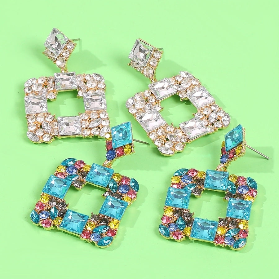 Women Geometric Square Multicolor Rhinestone Eardrop Statement Stud Earrings Gift Image 1