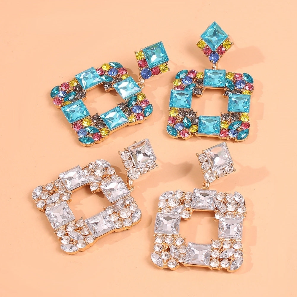 Women Geometric Square Multicolor Rhinestone Eardrop Statement Stud Earrings Gift Image 2