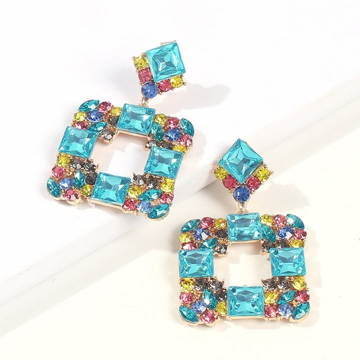 Women Geometric Square Multicolor Rhinestone Eardrop Statement Stud Earrings Gift Image 4