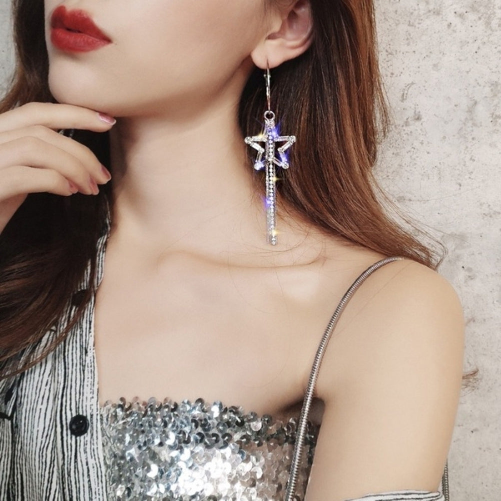 Women Rhinestone Hollow Star Long Tassel Dangle Hoop Earrings Statement Jewelry Image 2