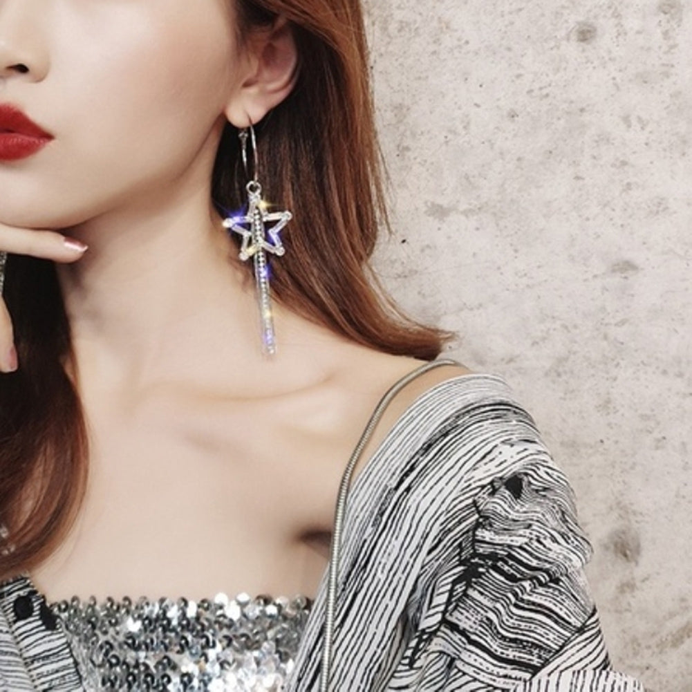 Women Rhinestone Hollow Star Long Tassel Dangle Hoop Earrings Statement Jewelry Image 4