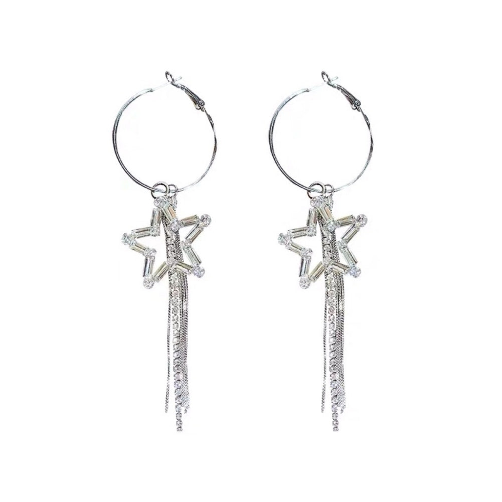 Women Rhinestone Hollow Star Long Tassel Dangle Hoop Earrings Statement Jewelry Image 9