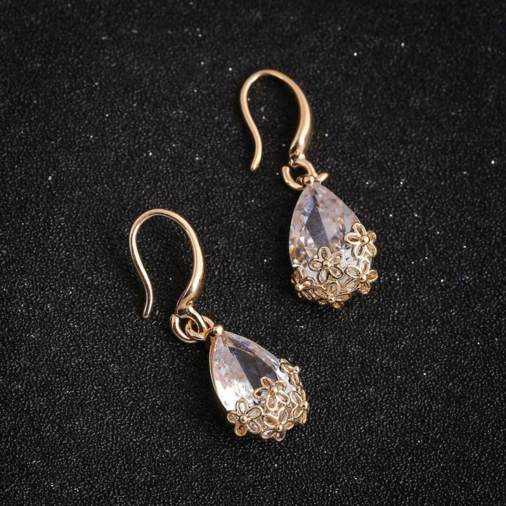 Elegant Lady Water Drop Cubic Zirconia Flower Pendant Hook Earrings Jewelry Gift Image 3