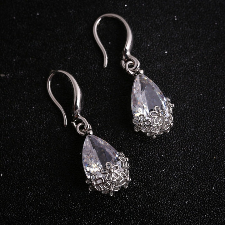 Elegant Lady Water Drop Cubic Zirconia Flower Pendant Hook Earrings Jewelry Gift Image 4