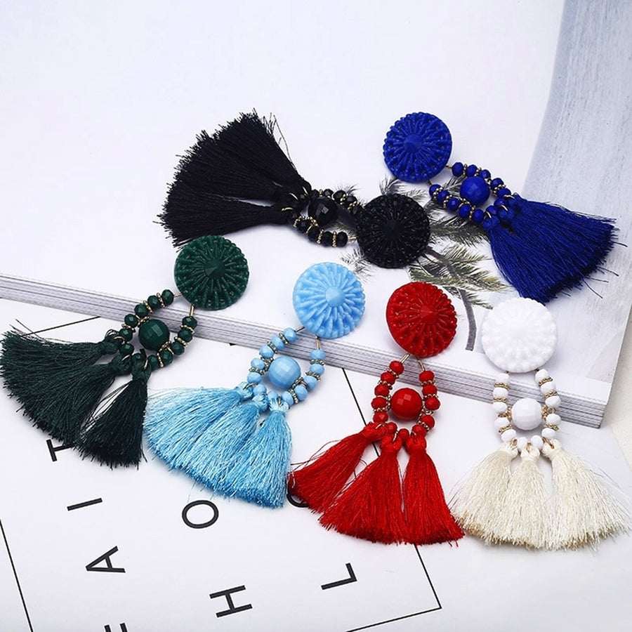 Bohemian Women Resin Beads Long Tassel Dangle Ear Stud Earrings Jewelry Gift Image 1