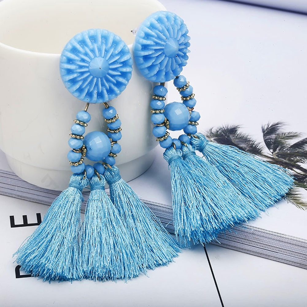 Bohemian Women Resin Beads Long Tassel Dangle Ear Stud Earrings Jewelry Gift Image 2