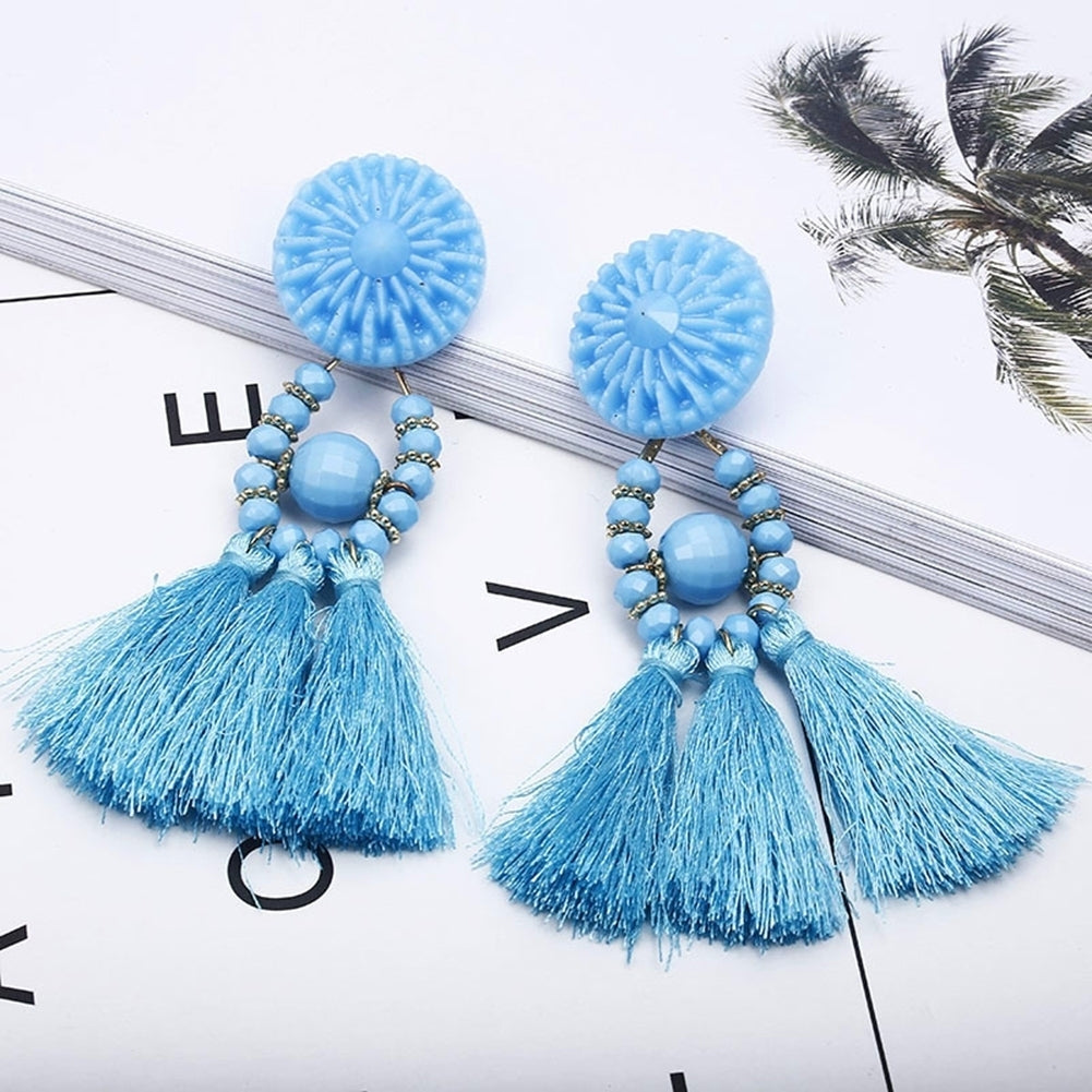 Bohemian Women Resin Beads Long Tassel Dangle Ear Stud Earrings Jewelry Gift Image 3