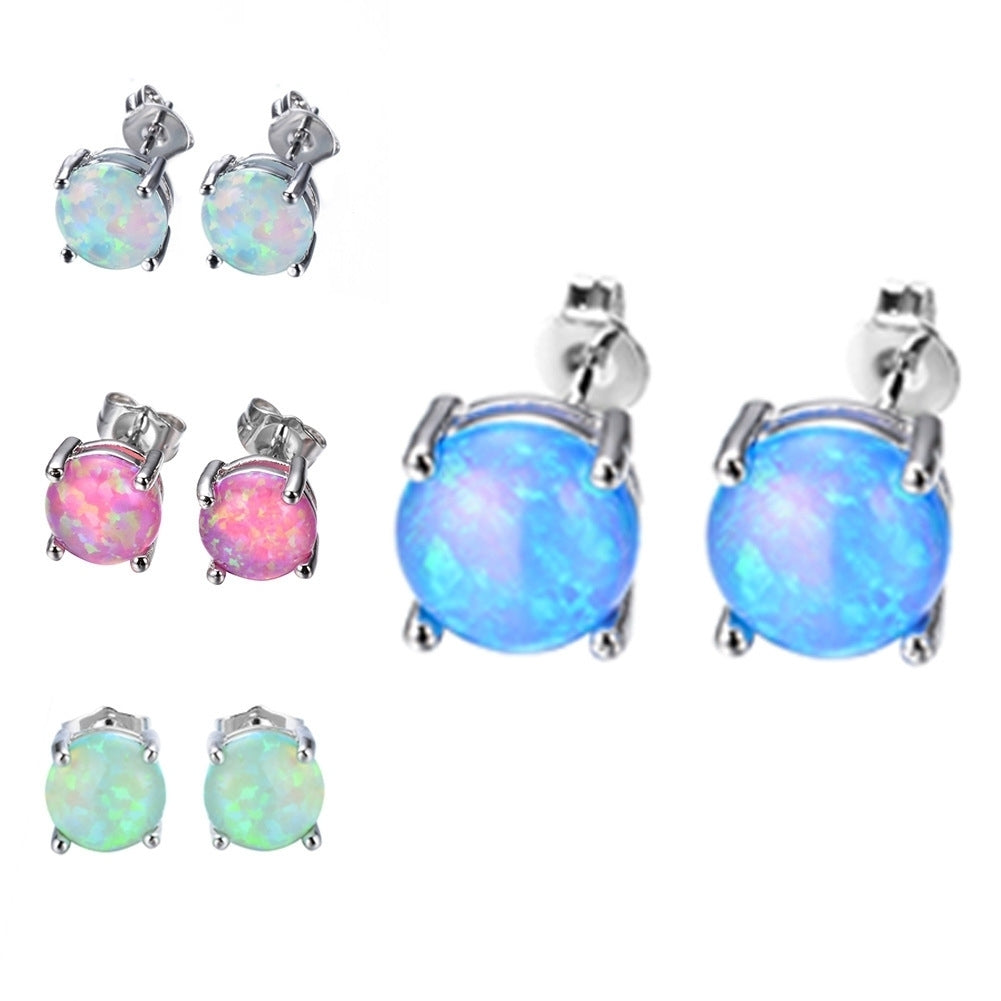 Fashion Women Four Claw Round Faux Opal Inlaid Ear Stud Earrings Jewelry Gift Image 1