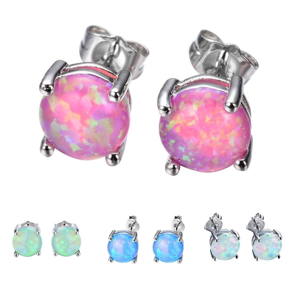 Fashion Women Four Claw Round Faux Opal Inlaid Ear Stud Earrings Jewelry Gift Image 2