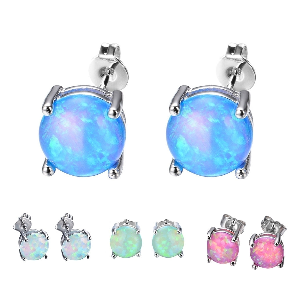 Fashion Women Four Claw Round Faux Opal Inlaid Ear Stud Earrings Jewelry Gift Image 3