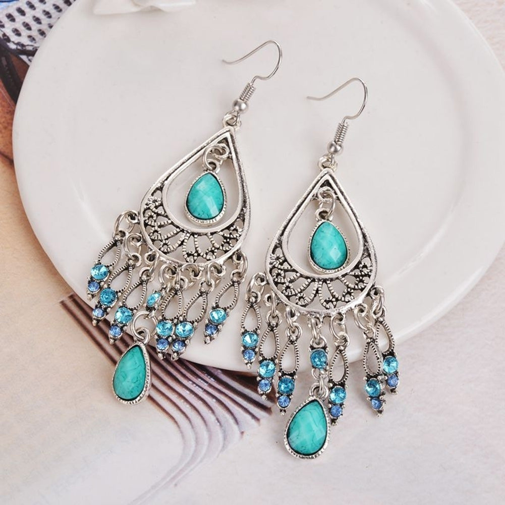 Bohemian Women Water Drop Rhinestone Tassel Dangle Hook Earrings Jewelry Gift Image 3