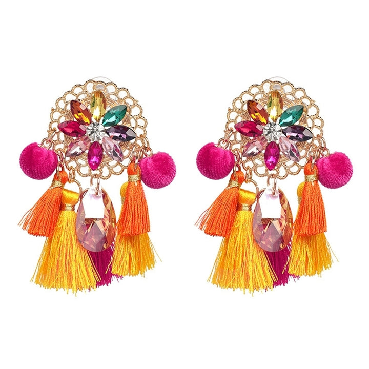 Boho Women Rhinestone Tassel Pompom Dangle Stud Earrings Long Statement Jewelry Image 1