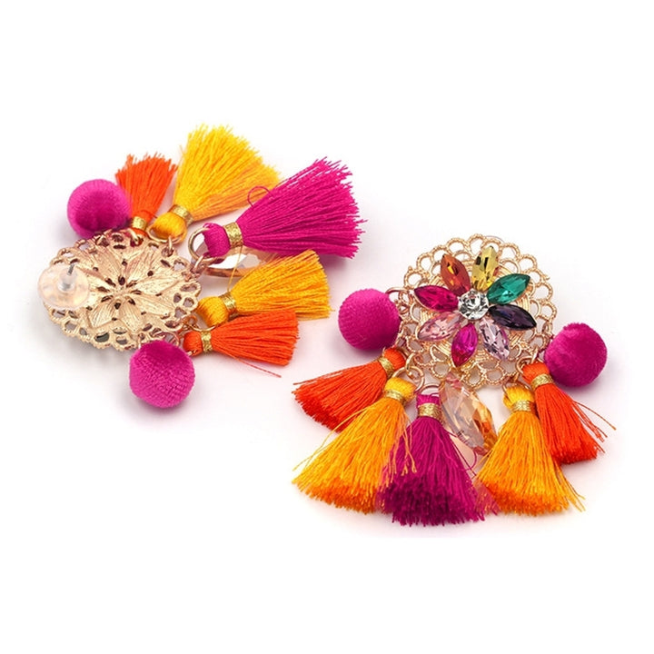 Boho Women Rhinestone Tassel Pompom Dangle Stud Earrings Long Statement Jewelry Image 3