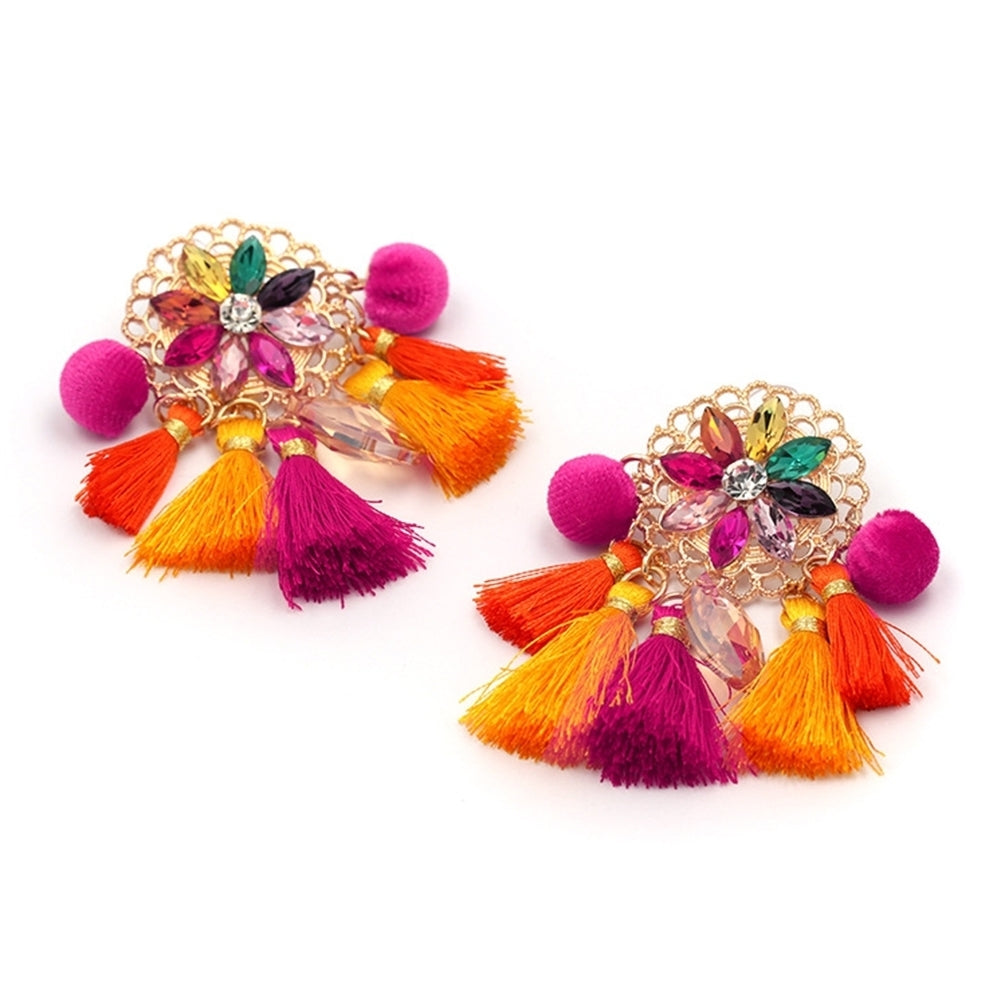 Boho Women Rhinestone Tassel Pompom Dangle Stud Earrings Long Statement Jewelry Image 4