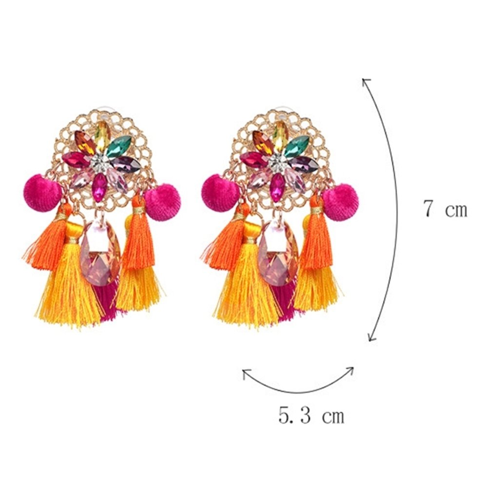 Boho Women Rhinestone Tassel Pompom Dangle Stud Earrings Long Statement Jewelry Image 6