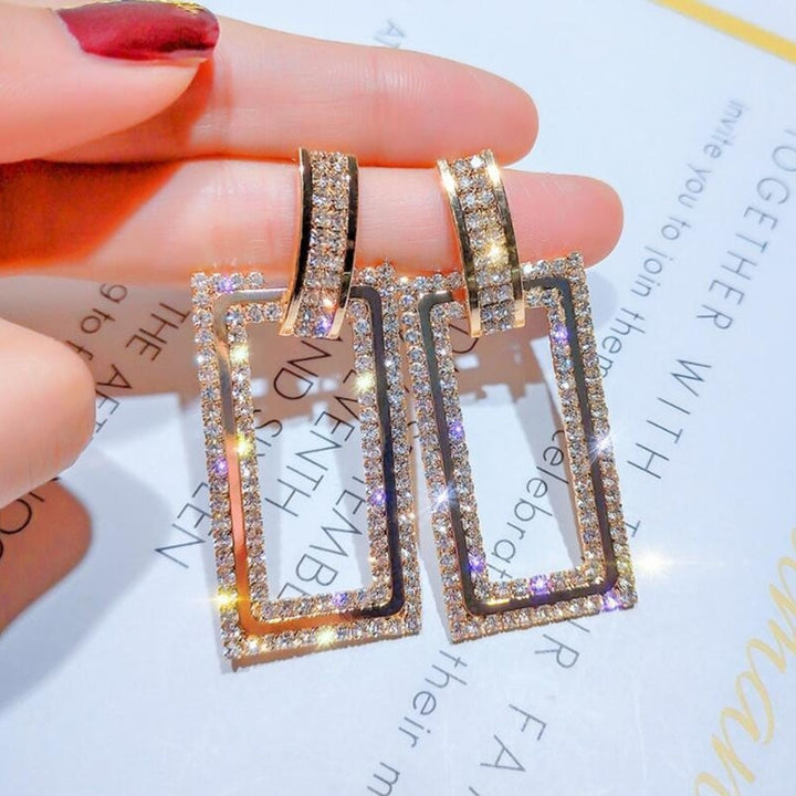 Women Rhinestone Inlaid Hollow Rectangle Dangle Ear Stud Earrings Jewelry Gift Image 1